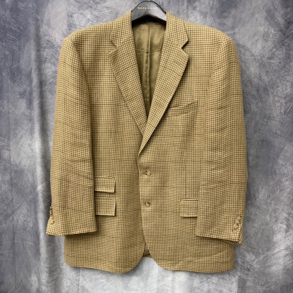 Polo Ralph Lauren Mens 46R Linen Houndstooth Blazer Sport Coat Made in Italy Tan